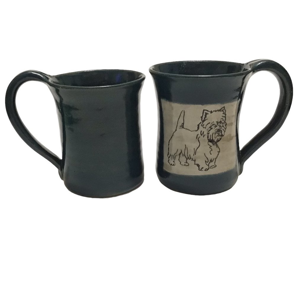 West Highland Terrier Westie Dogs Signed Studio Art Pottery Mug Set of 2 Mugs